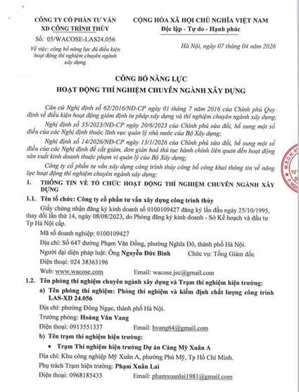 Công bố Năng lực Hoạt động Thí nghiệm chuyên ngành xây dựng LAS 24.056