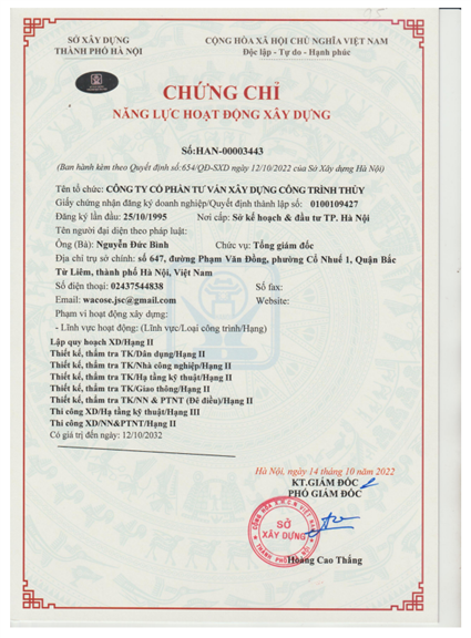 Chứng chỉ năng lực hoạt động xây dựng do Sở xây dựng TP Hà Nội cấp ngày 14/10/2022