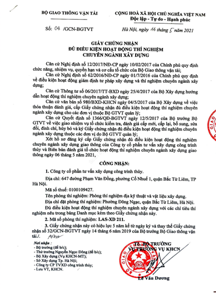 Giấy chứng nhận đủ điều kiện hoạt động thí nghiệm chuyên ngành xây dựng do Bộ GTVT cấp ngày 14/5/2021
