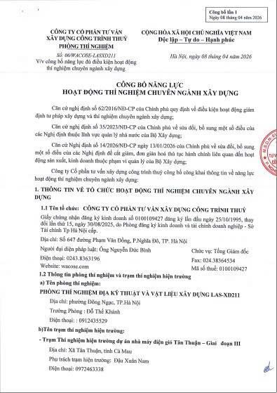 Công bố Năng lực Hoạt động Thí nghiệm chuyên ngành xây dựng LAS XD211