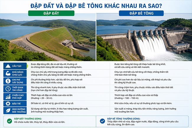 Đập đất và đập bê tông khác nhau ra sao? So sánh chi tiết từ thiết kế đến ứng dụng